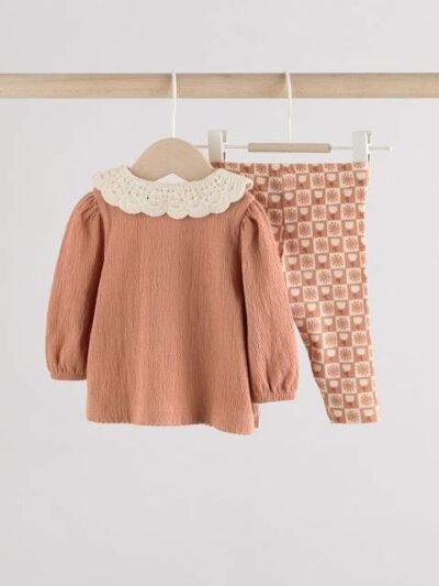 Rust and White Frill Collar Top and Printed Leggings 2 Piece Set