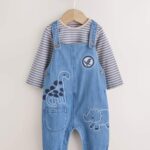 Blue Dinosaur Baby Denim Dungarees and Bodysuit Set