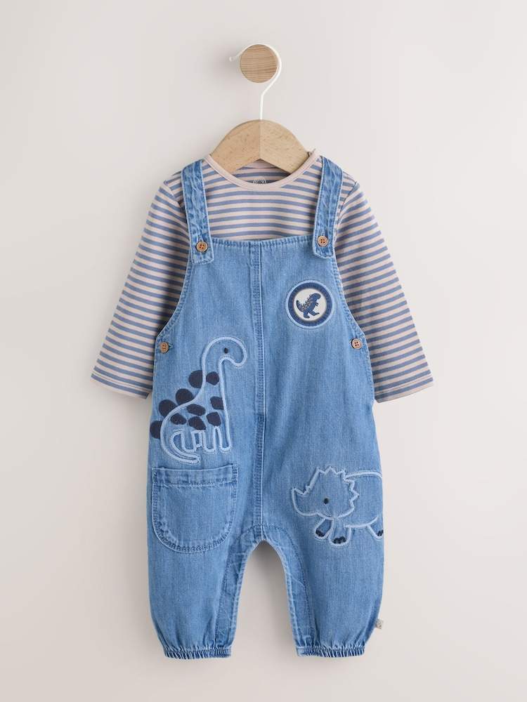 Blue Dinosaur Baby Denim Dungarees and Bodysuit Set (0mths-2yrs)