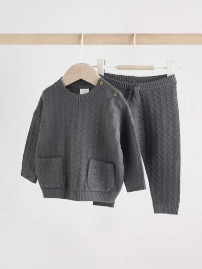 Charcoal Grey Baby Textured Knitted 100% Cotton Jumper and Leggings Set