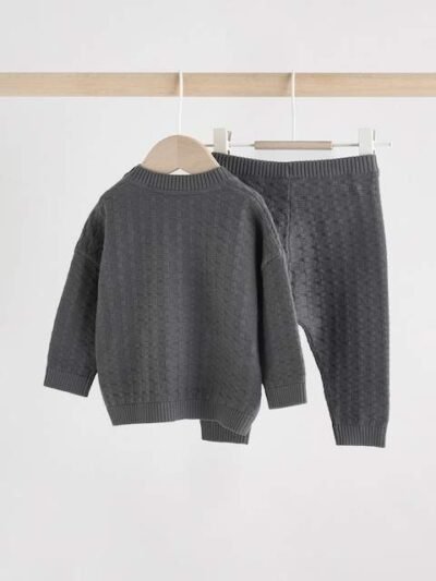 Charcoal Grey Baby Textured Knitted 100% Cotton Jumper and Leggings Set