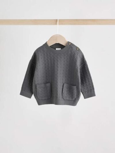 Charcoal Grey Baby Textured Knitted 100% Cotton Jumper and Leggings Set