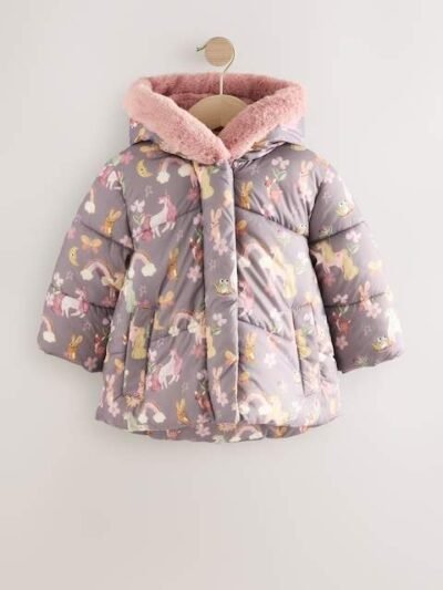 Damson Unicorn Shower Resistant Faux Fur Trim Padded Coat