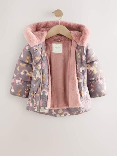 Damson Unicorn Shower Resistant Faux Fur Trim Padded Coat