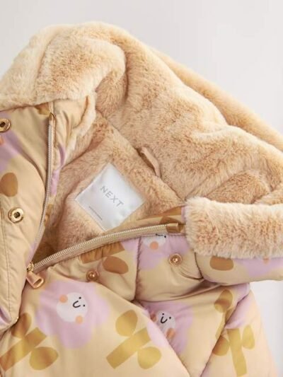 Ochre Yellow Shower Resistant Faux Fur Trim Padded Coat