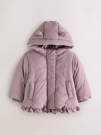 Plum Purple Shower Resistant Frill Hem Padded Coat