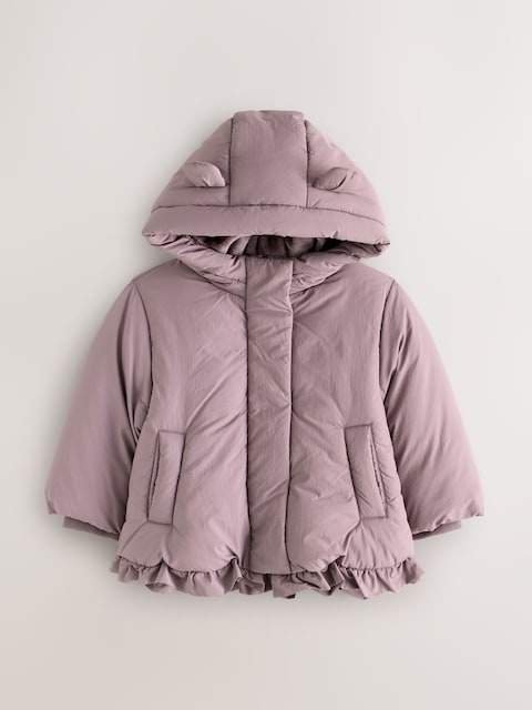 Plum Purple Shower Resistant Frill Hem Padded Coat