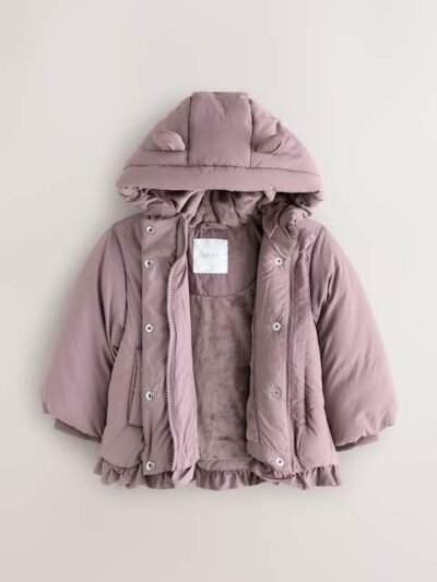 Plum Purple Shower Resistant Frill Hem Padded Coat