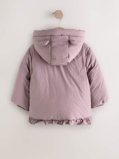 Plum Purple Shower Resistant Frill Hem Padded Coat