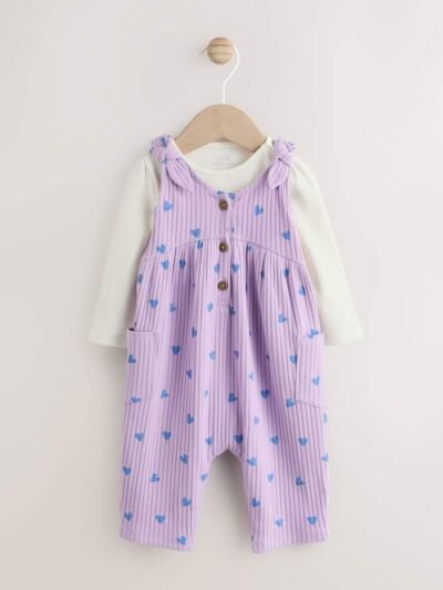 Purple Hearts Baby Jersey Dungaree and Bodysuit 2 Piece Set
