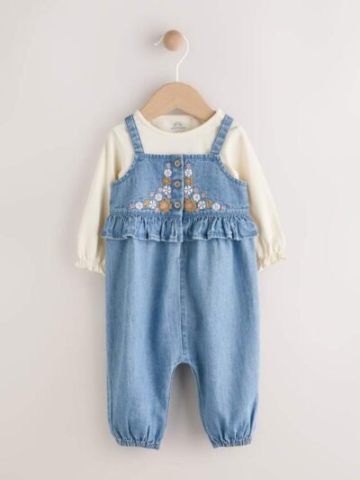 Blue Embroidered Denim Baby Long Sleeve Bodysuit & Dungaree Set