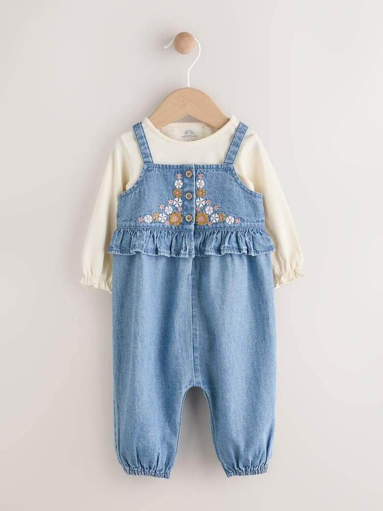 Blue Embroidered Denim Baby Long Sleeve Bodysuit & Dungaree Set