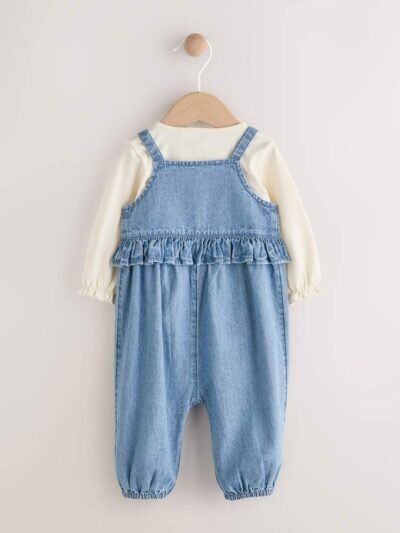 Blue Embroidered Denim Baby Long Sleeve Bodysuit & Dungaree Set