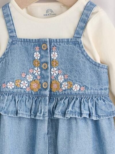 Blue Embroidered Denim Baby Long Sleeve Bodysuit & Dungaree Set
