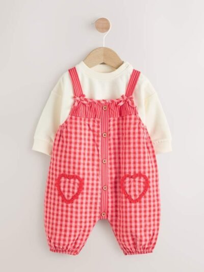 Red/ Pink Gingham Baby Dungarees and Bodysuit 2 Piece Set