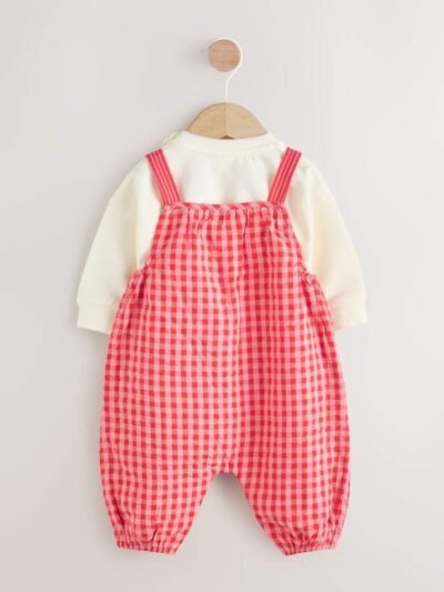 Red/ Pink Gingham Baby Dungarees and Bodysuit 2 Piece Set