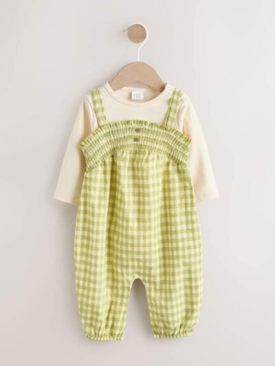 Green Gingham Baby Dungarees and Bodysuit 2 Piece Set