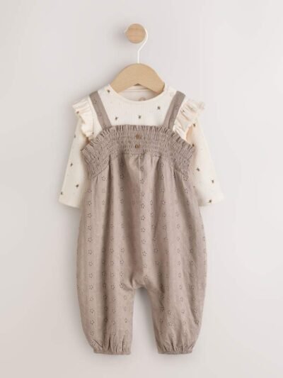Neutral Broderie Baby Dungarees and Bodysuit 2 Piece Set