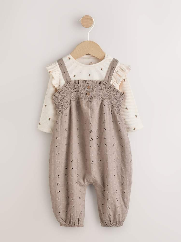 Neutral Broderie Baby Dungarees and Bodysuit 2 Piece Set