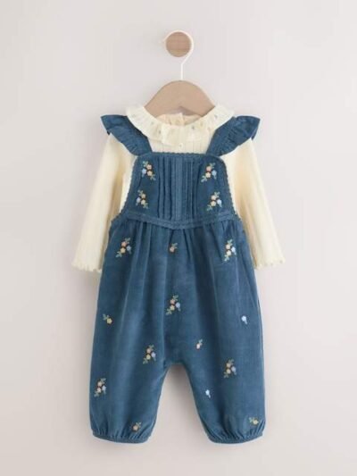 Navy Embroidered Baby Print Long Sleeve Bodysuit and Cord Dungarees Set 2 Piece