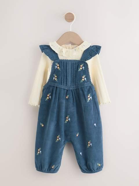 Navy Embroidered Baby Print Long Sleeve Bodysuit and Cord Dungarees Set 2 Piece