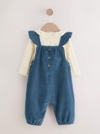 Navy Embroidered Baby Print Long Sleeve Bodysuit and Cord Dungarees Set 2 Piece