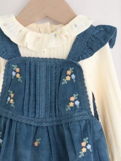 Navy Embroidered Baby Print Long Sleeve Bodysuit and Cord Dungarees Set 2 Piece
