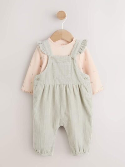 Sage Green Baby Print Long Sleeve Bodysuit and Cord Dungarees Set 2 Piece