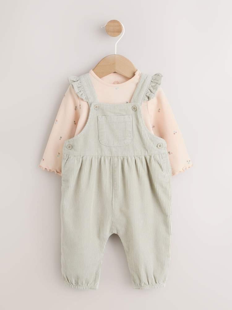 Sage Green Baby Print Long Sleeve Bodysuit and Cord Dungarees Set 2 Piece