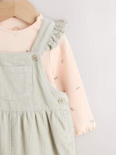 Sage Green Baby Print Long Sleeve Bodysuit and Cord Dungarees Set 2 Piece