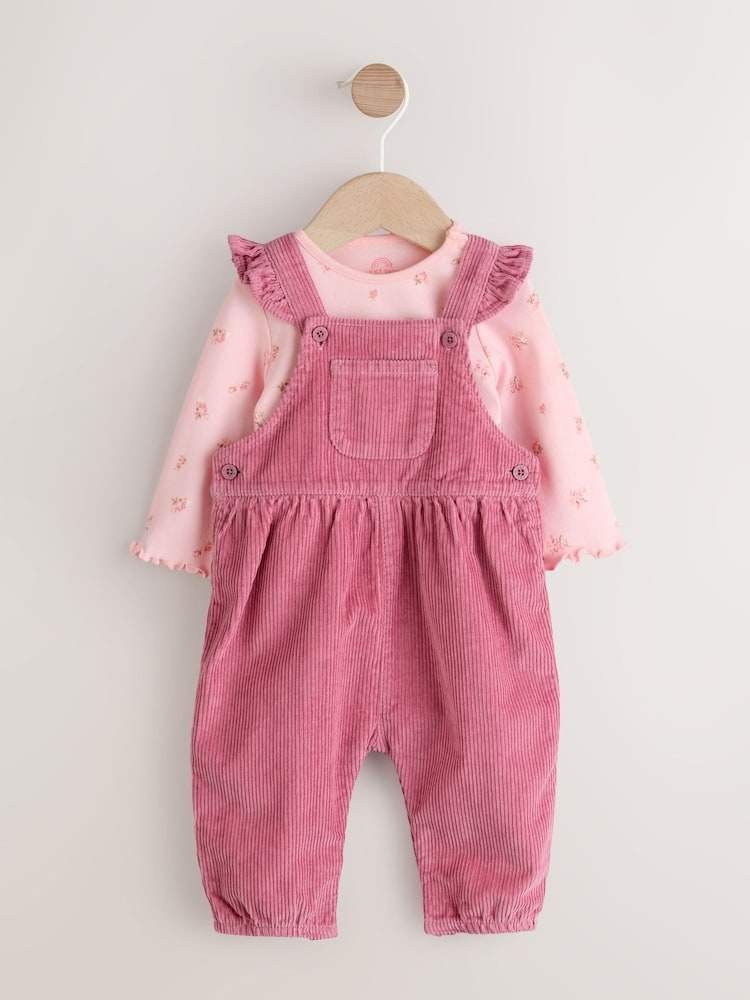 Pink Ditsy Baby Print Long Sleeve Bodysuit and Cord Dungarees Set 2 Piece