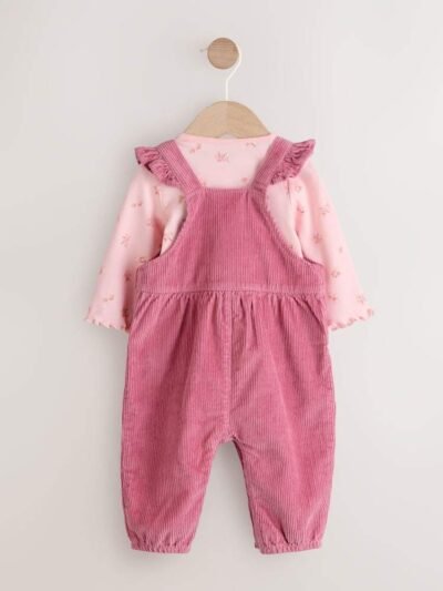 Pink Ditsy Baby Print Long Sleeve Bodysuit and Cord Dungarees Set 2 Piece