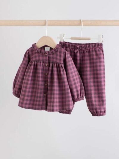 Purple Gingham Baby Woven Long Sleeve Tops and Trousers 2 Piece Set
