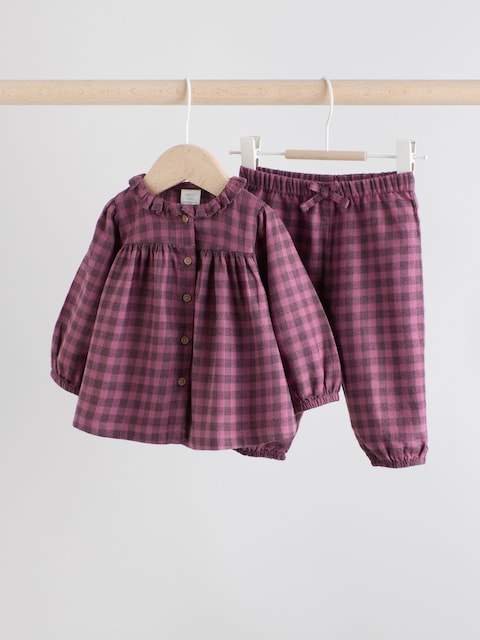 Purple Gingham Baby Woven Long Sleeve Tops and Trousers 2 Piece Set