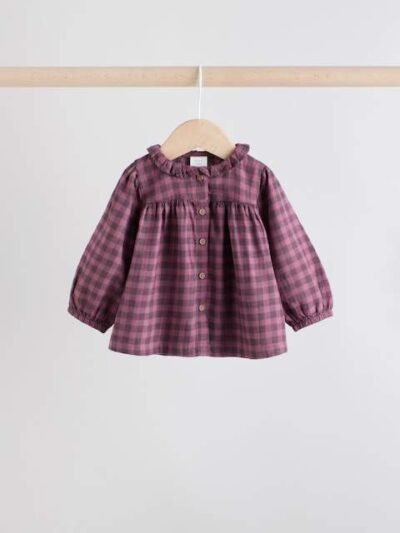 Purple Gingham Baby Woven Long Sleeve Tops and Trousers 2 Piece Set