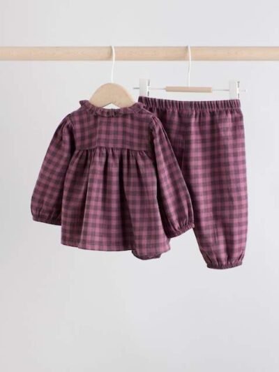 Purple Gingham Baby Woven Long Sleeve Tops and Trousers 2 Piece Set
