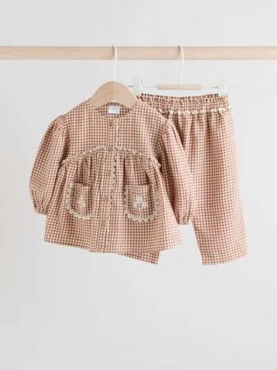 Rust Brown Gingham Baby Woven Long Sleeve Tops and Trousers 2 Piece Set