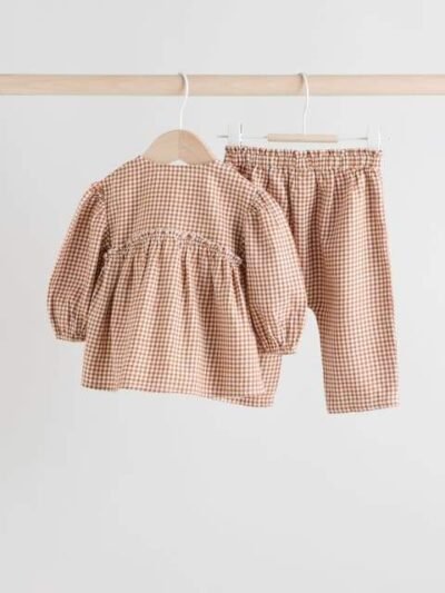 Rust Brown Gingham Baby Woven Long Sleeve Tops and Trousers 2 Piece Set