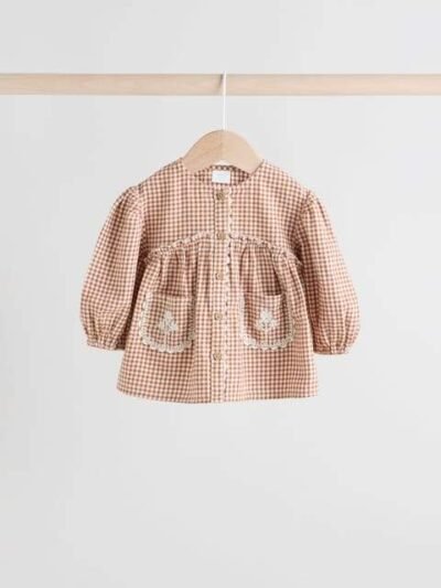 Rust Brown Gingham Baby Woven Long Sleeve Tops and Trousers 2 Piece Set