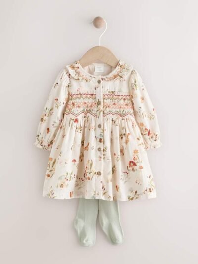 Cream Floral Print/Character Collar Baby Dress