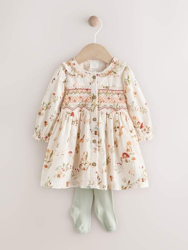 Cream Floral Print/Character Collar Baby Dress