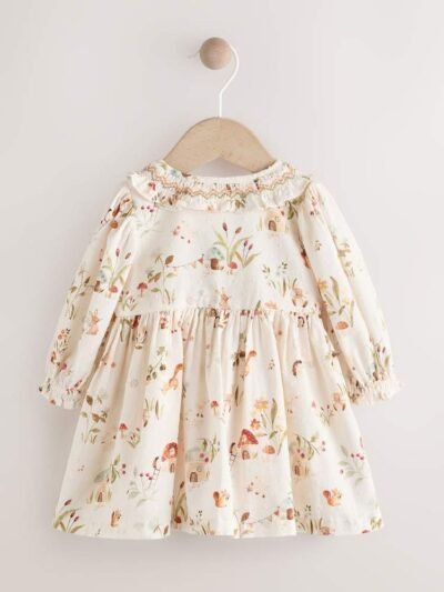 Cream Floral Print/Character Collar Baby Dress