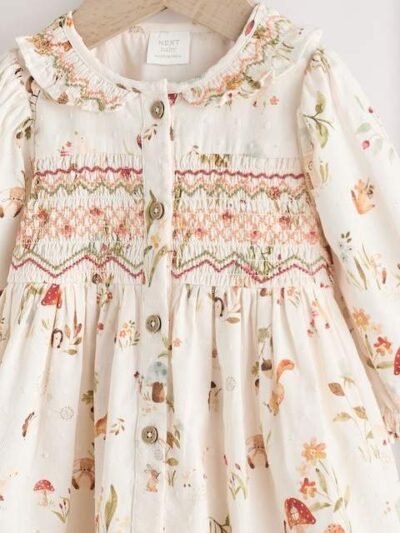 Cream Floral Print/Character Collar Baby Dress