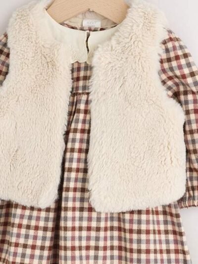 Berry/ Cream Gingham Baby Dress and Waistcoat 2 Piece Set