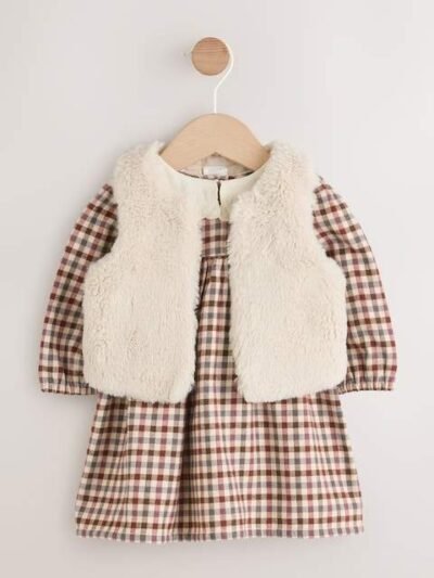 Berry/ Cream Gingham Baby Dress and Waistcoat 2 Piece Set