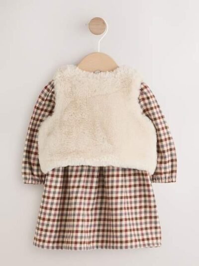 Berry/ Cream Gingham Baby Dress and Waistcoat 2 Piece Set