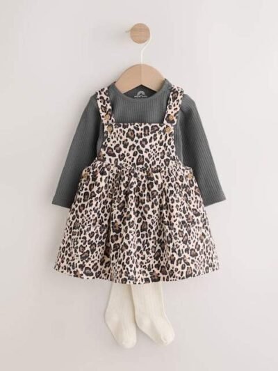 Charcoal Leopard Baby Cord Pinafore Long Sleeve Bodysuit & Tights Set