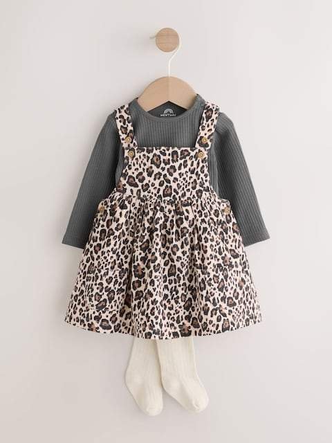 Charcoal Leopard Baby Cord Pinafore Long Sleeve Bodysuit & Tights Set