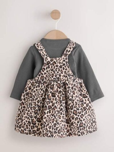 Charcoal Leopard Baby Cord Pinafore Long Sleeve Bodysuit & Tights Set