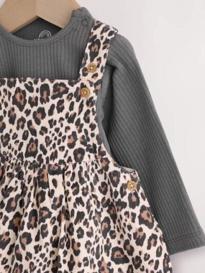 Charcoal Leopard Baby Cord Pinafore Long Sleeve Bodysuit & Tights Set